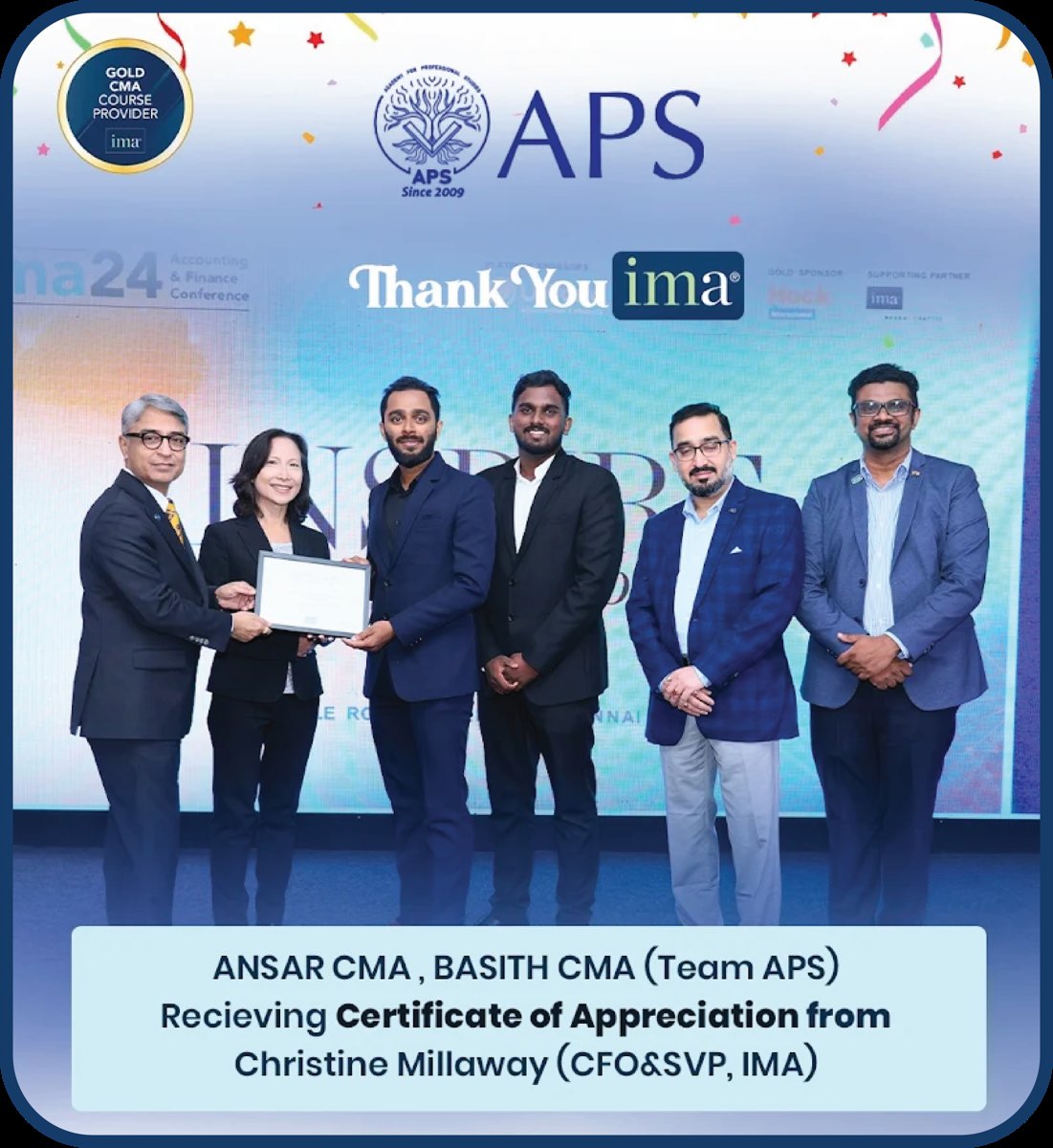 Team APS receiving Certificate of Appreciation from IMA